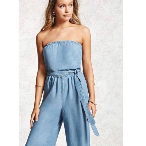 F21 Wide Leg Chambray Strapless Jumpsuit - Picture 2 of 5